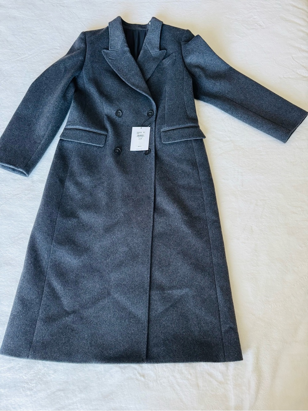 Wool-Blend Double-Breasted Long Coat - Charcoal Gray